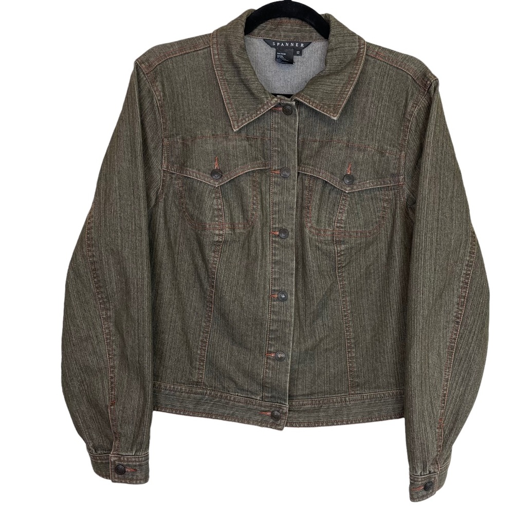 Spanner Olive Denim Botton-Down Jean Jacket Size 12 Spandex Stretch Blend Green